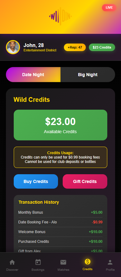 Wildin App Wild Credits System and Pricing